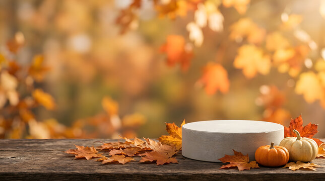 Empty white product display podium with small pumpkins on a rustic wooden table against autumn foliage background
