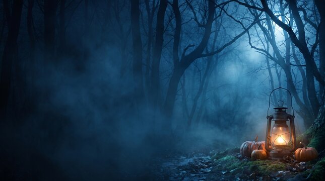 Eerie Night in a Misty Forest with Glowing Lantern and Pumpkins, Evoking a Mysterious Halloween Atmosphere in a Dark Woodland Scene