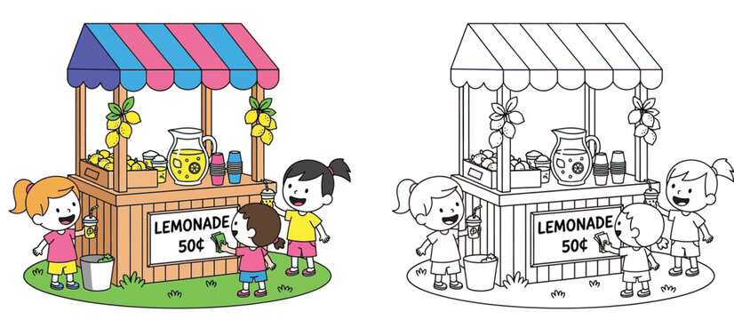 Kids Lemonade Stand Cartoon Vector Illustration and Coloring Page Outline