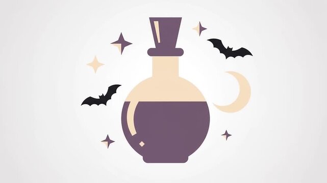 Halloween magic elements transition black cat on book to potion bottle flat animation