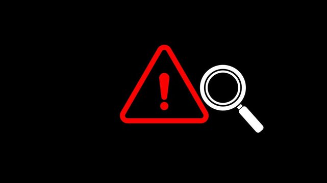 Exclamation mark and magnifying glass animated for danger, alert, stop, signal, emergency, hazard, problem issue sign symbol on transparent background. Warning sign with magnifying glass. 4k video