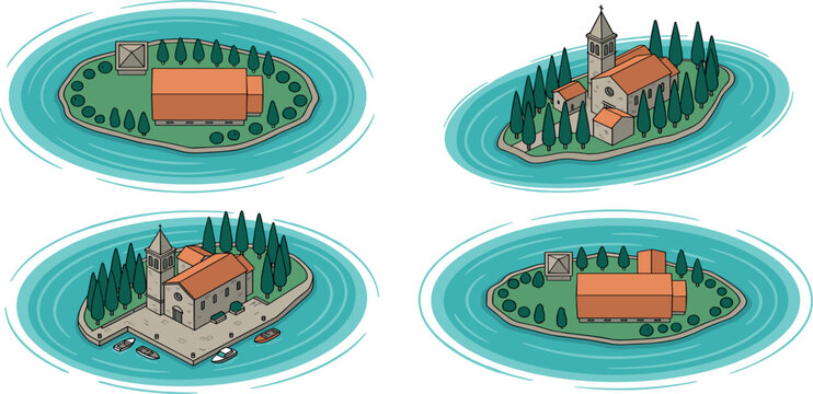 Isometric mediterranean church islands set with historic buildings and cypress trees vector illustration