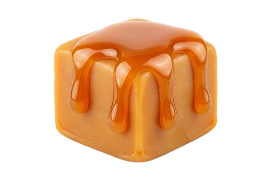 Golden Caramel Candy Cube with Liquid Sauce Dripping Over the Sides