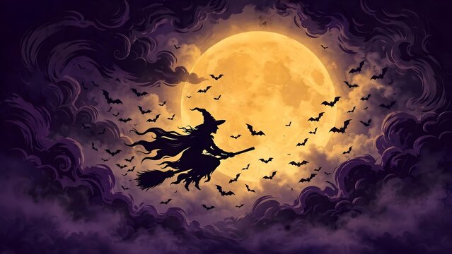 Dramatic graphic design silhouette art of a witch flying on a broomstick across a gigantic glowing moon with dark cloud textures flock of bats and atmospheric fog in deep purple and amber yellow.