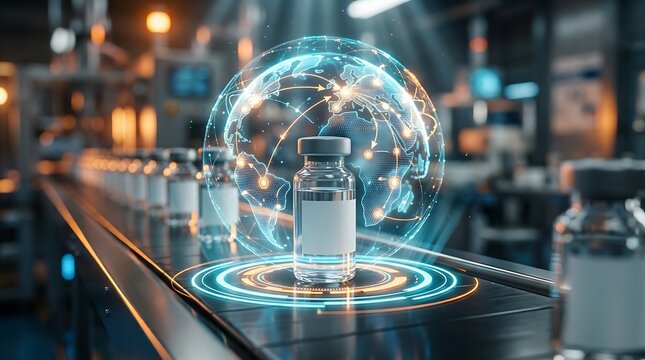 Global vaccine production and distribution technology innovation with a holographic earth and vials on a factory conveyor belt for healthcare industry.