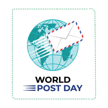World post day vector banner with globe and airmail envelope