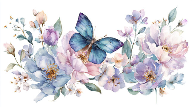 watercolor botanical butterfly and flowers texture template background. Design for wedding, vip cover, poster, rsvp moderncard.Valentine's Day	