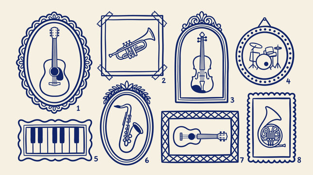 Musical instruments and artistic frames collection featuring guitar trumpet violin and saxophone in a detailed blue line art vector illustration isolated on a light cream background for music themes