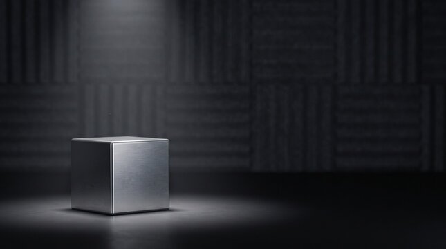 Brushed metal cube sitting alone under a dramatic spotlight within dark textured studio display room interior