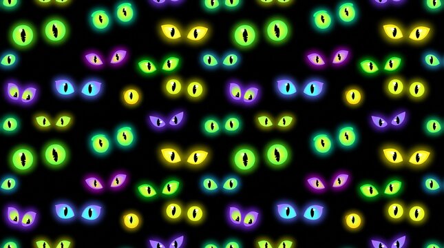 Glowing feline eyes create a repeating pattern on a black background