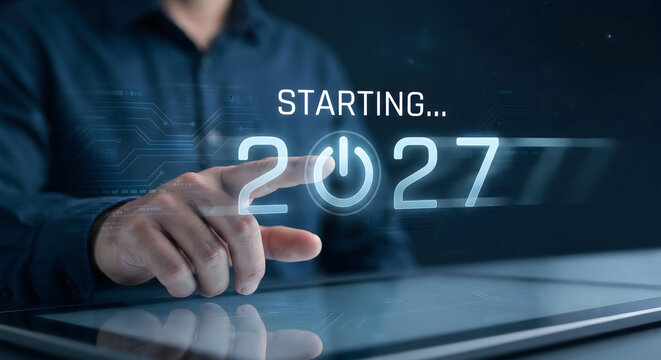 Pixelated hand pressing futuristic 2027 button
