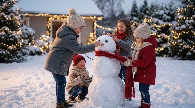 Family building a snowman together during winter holiday season with festive lights