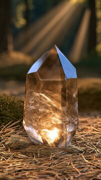 Crystal Quartz Glowing in the Sunlight Set Against a Forest Backdrop