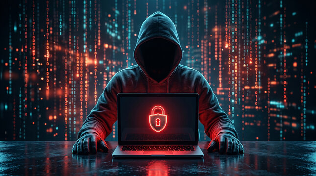 Cybersecurity threat concept with hooded hacker and glowing red padlock on laptop in front of digital binary code background