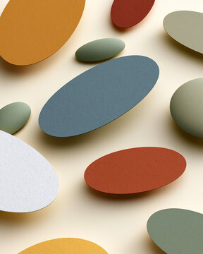 Abstract composition with floating organic shapes in blue, orange, green, red and white, featuring soft shadows, smooth texture and modern minimalist design