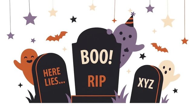 Cute Halloween graveyard with hanging decorations tombstones and friendly ghosts flat animation