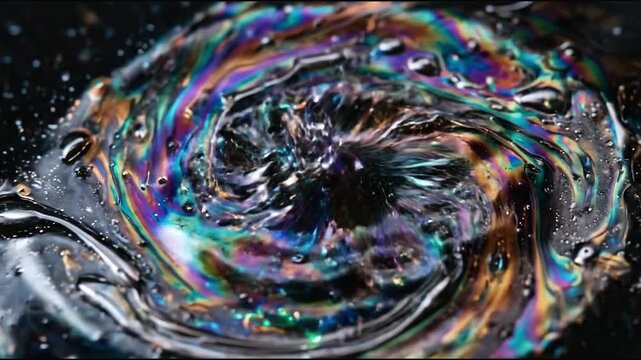Swirling iridescent liquid creating a vibrant colorful oil slick pattern on a dark wet surface