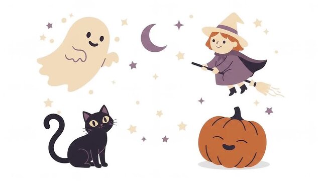 Animated floating Halloween characters cute witch ghost cat and pumpkin flat animation