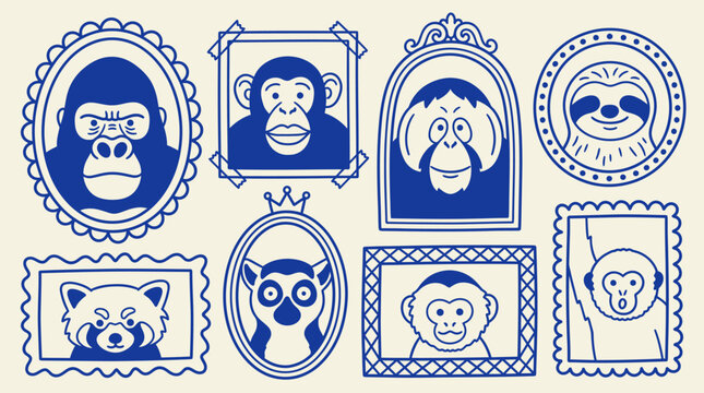 Collection of framed animal portraits featuring monkeys and sloths in hand drawn vector style isolated on cream background for zoo branding and educational wildlife themed graphic design projects
