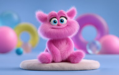Fototapeta premium Pink Fluffy Stuffed Cat Sitting on Cushion in Colorful Room