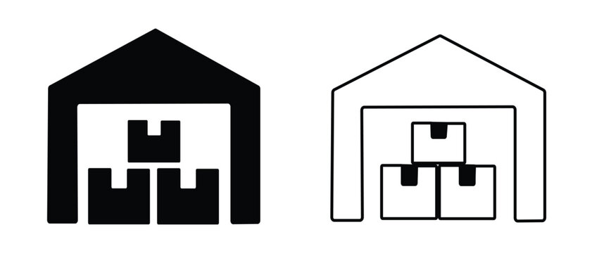 Warehouse logistics vector icon set, storage building with cardboard boxes, industrial distribution center symbols for shipping