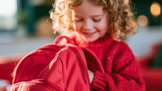 Smiling child with curly hair packing red backpack for school or kindergarten, feeling joy and curiosity