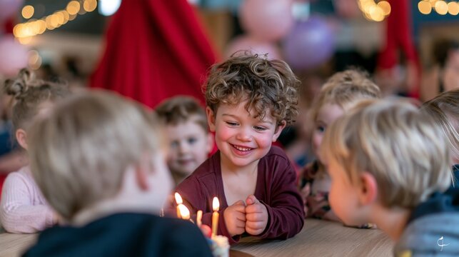 Boy smiling brightly at birthday cake with lit candles surrounded by children at a party
