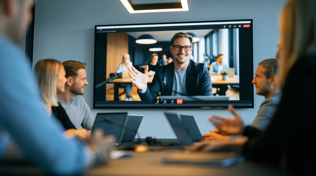 Business professionals collaborating remotely during a team meeting in an office setting