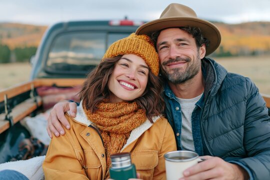 Couple smiling, hugging, and drinking warm beverages during a fall adventure
