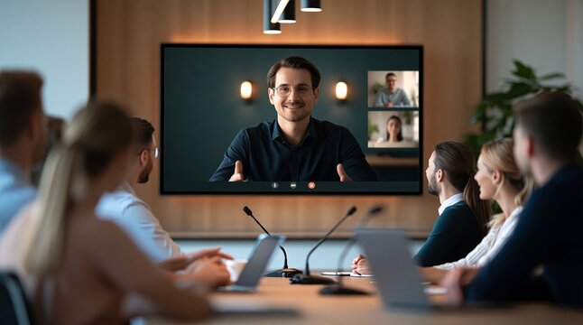 Business team members collaborating on a video conference call in a modern office