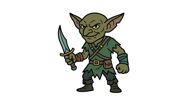 Cartoon illustration of a menacing green goblin warrior holding a dagger.