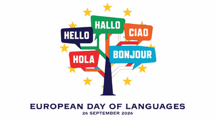 Colorful language tree illustration celebrating European Day of Languages holiday event © Vectyx