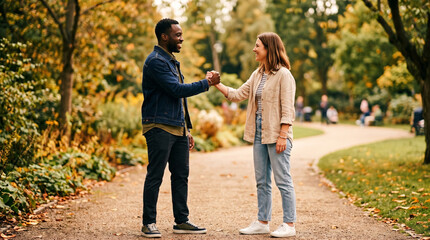 Obraz premium Diverse couple shares a friendly handshake in a park during autumn
