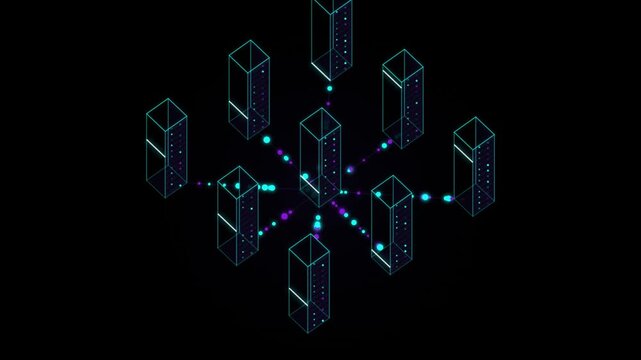 Glowing wireframe data servers in a centralized network topology