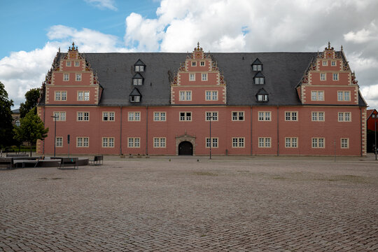Wolfenbuttel, Germany - July 3, 2026: The historic Zeughaus armory presents its symmetrical Renaissance facade across Schlossplatz in Wolfenbuttel.