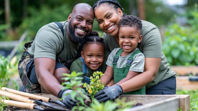 African american family planting flowers in a raised garden bed, sharing a happy moment