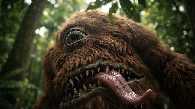 Folkloric Mapinguari creature with a long tongue in the rainforest