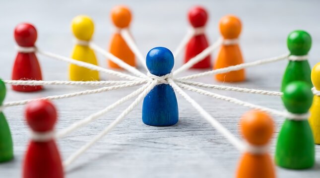 Colorful wooden pawn figures connected by white strings in a central network pattern representing teamwork cooperation and community relations.
