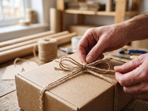 Hands tying twine rope on cardboard box for parcel shipping