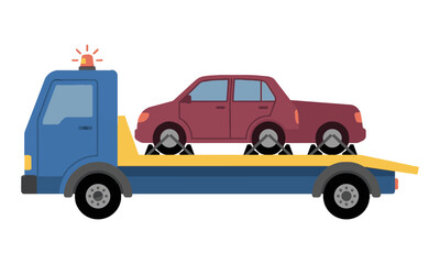 Fototapeta premium Roadside assistance tow truck carrying a disabled car on a flatbed with clean simple geometry and bold color blocks isolated on a white background transport concept