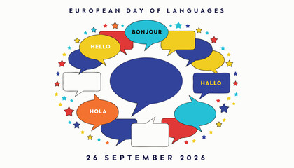 European day of languages celebration featuring colorful speech bubbles and stars © Vectyx
