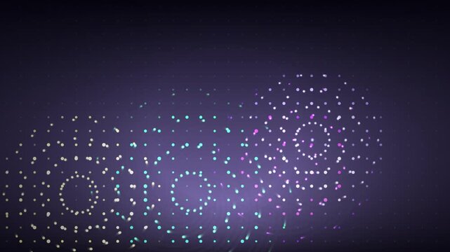 Glowing dots arranged in circular patterns emit colorful light against a dark purple background.