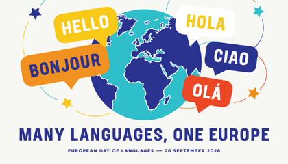 Colorful globe surrounded by speech bubbles representing multiple European spoken languages © Vectyx