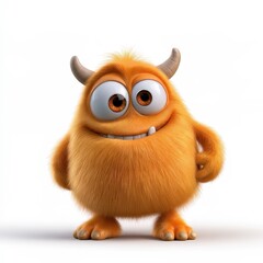 Fototapeta premium Friendly Monster Character with Horns and Big Eyes Standing on White Background