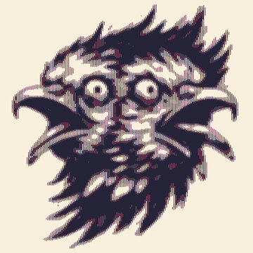 Pixelated character with exaggerated features and a wild hairstyle in a retro style