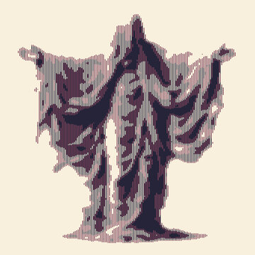 Glitch art figure in muted colors with vertical line distortion