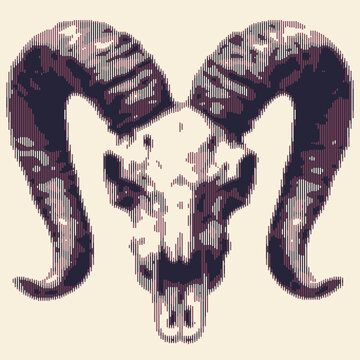 Illustration of a stylized ram skull with intricate line work and shading