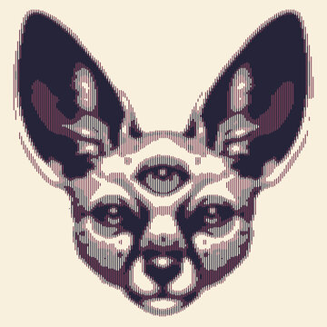 Surreal digital illustration of a three-eyed cat with geometric features