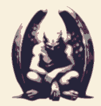 Stylized digital artwork of a winged figure seated in contemplation