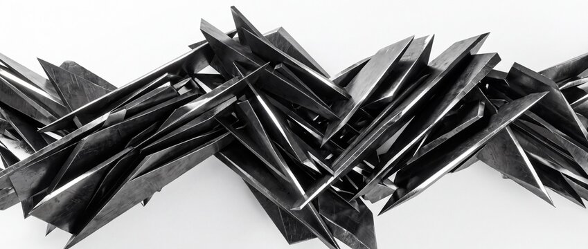 Sharp angular dark steel shards clustered in a chaotic abstract pattern on a stark white surface for edgy concept art.